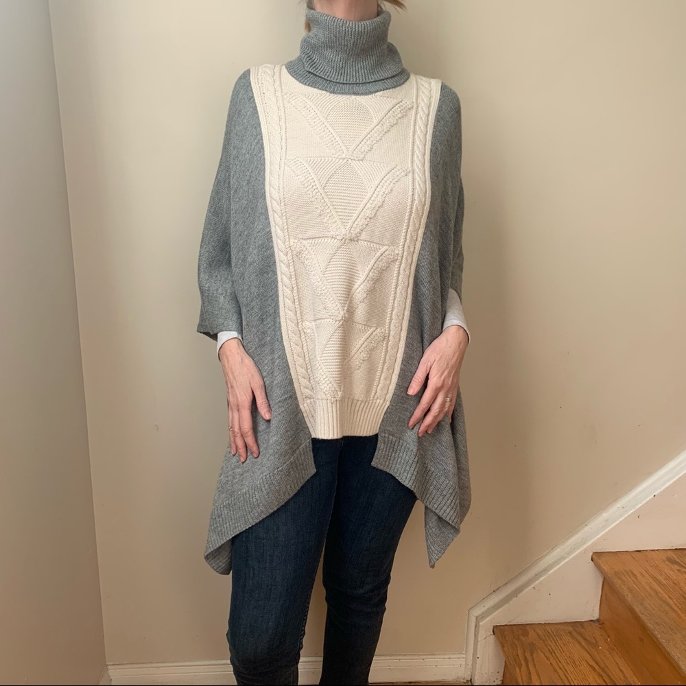 Women’s Wool Blend Chunky Knit Poncho Turtleneck Cream Grey One Size - Picture 8 of 15